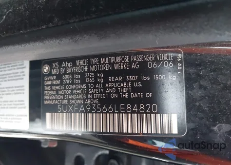 2006 BMW X5 4.8Is z USA, uszkodzony, nr VIN 5UXFA93566LE84820